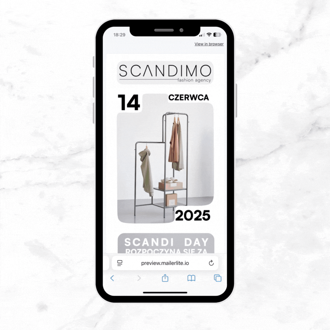 Screenshot of a promotional email from Scandimo Fashion Agency, showing a clothing rack with hanging clothes and a text overlay with date and event details in Polish.