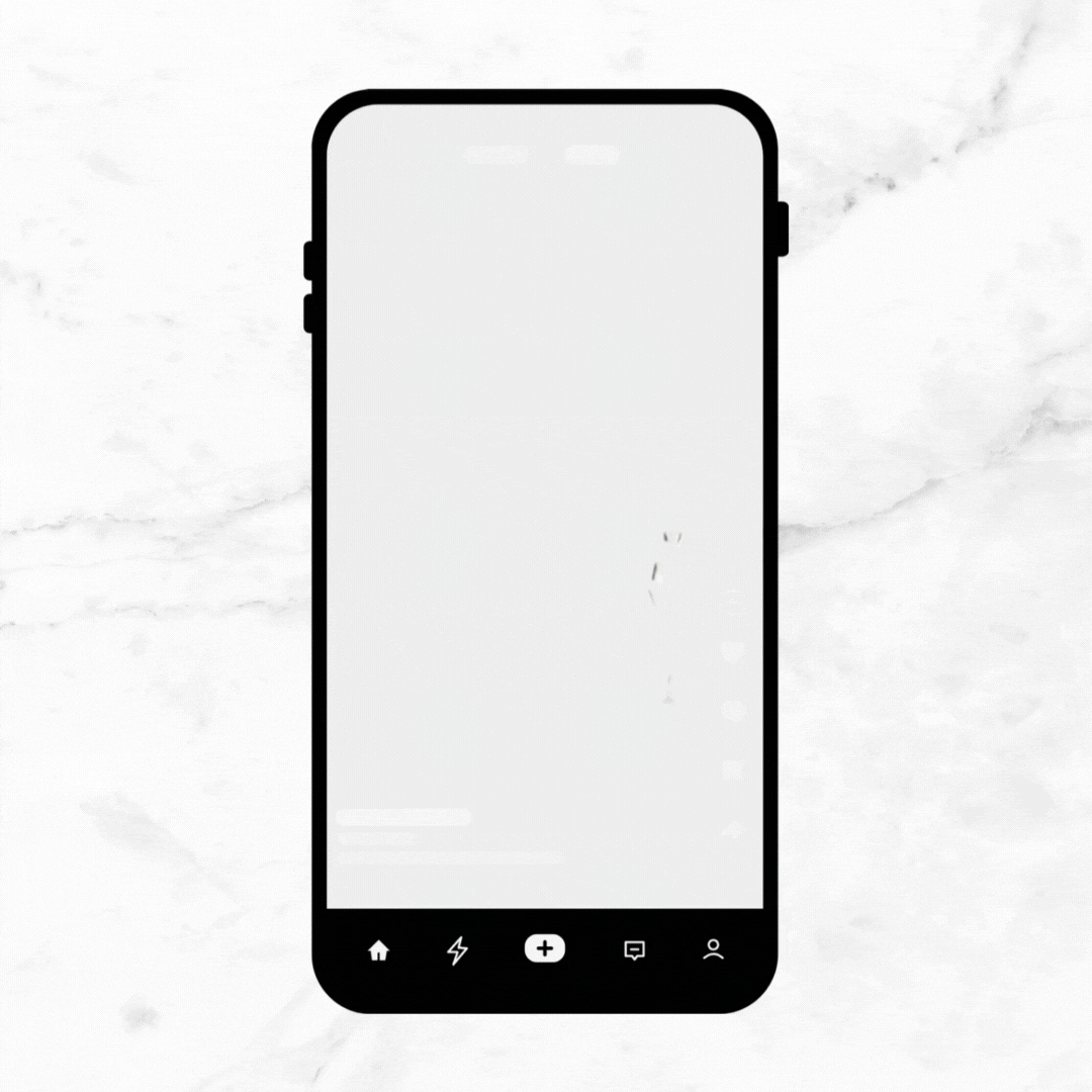 Outline of a modern smartphone with icons for home, flash, plus, messages, and profile on the bottom navigation bar.