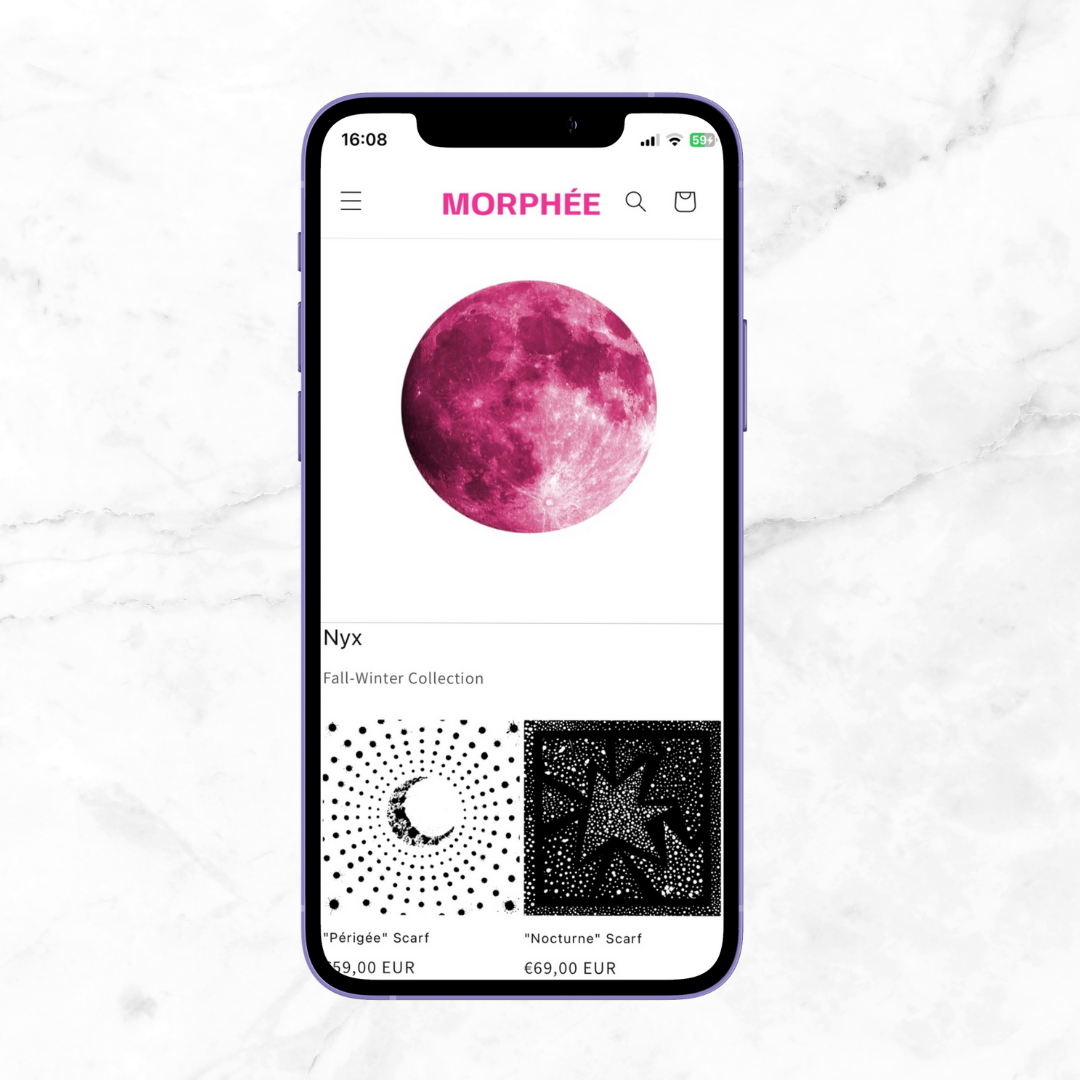 A smartphone displaying a shopping app with a pink moon image at the top, and below it the word 'Nyx' related to a fall-winter collection, showing two black and white scarf designs with prices.