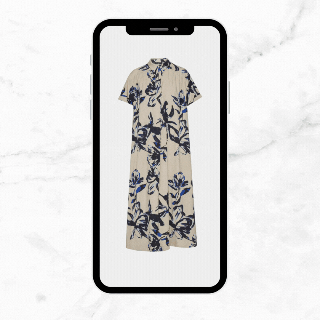 A smartphone displaying a dress with a floral pattern on a white background.