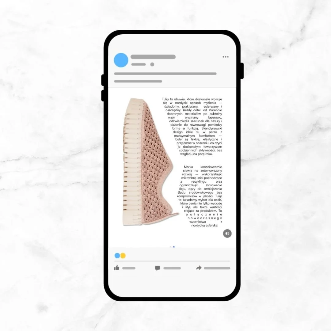 A smartphone screen displaying a social media post about a shoe, with a side view image of a beige and pink shoe and text in Polish surrounding it.