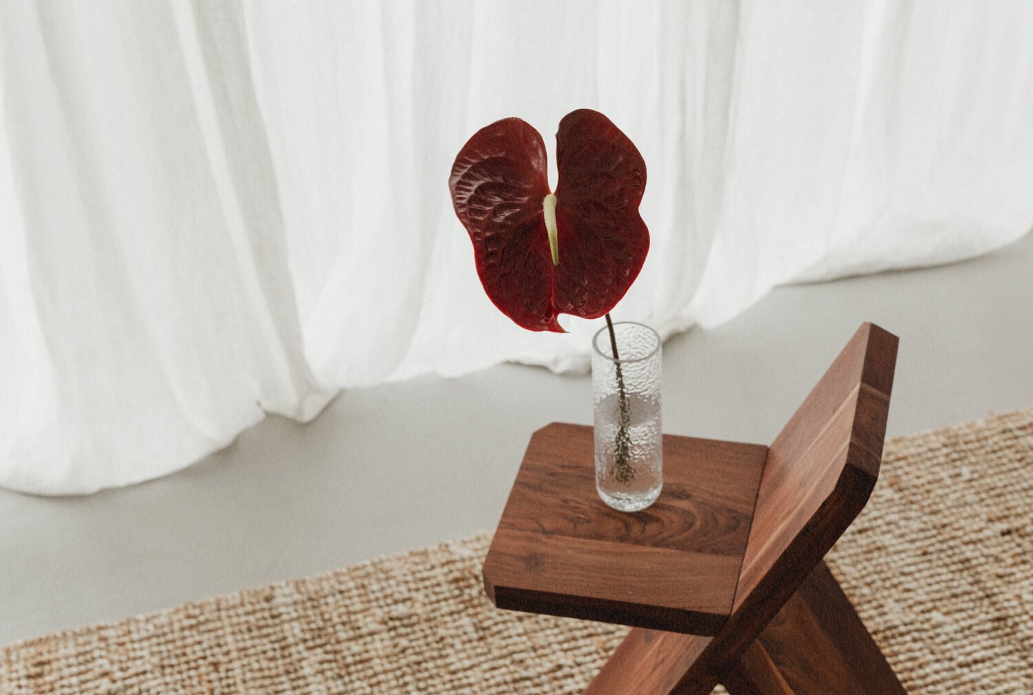 Une vase en verre contenant une seule feuille d'anthurium rouge, posée sur une petite table en bois avec un fond de rideau blanc.