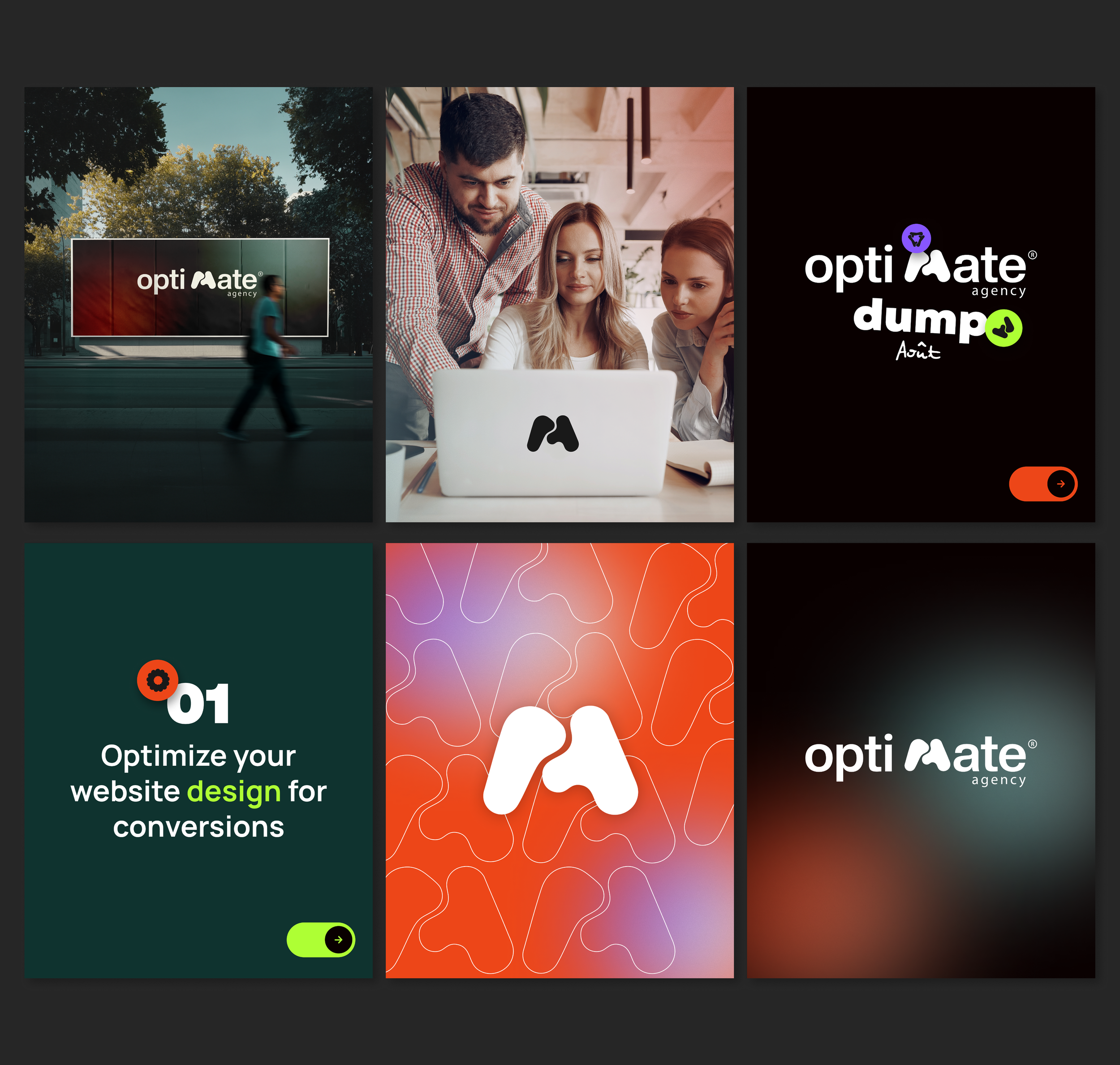 Présentation d'une agence de marketing digital, montrant des graphiques, des logos et des images de personnes travaillant sur un ordinateur, avec un slogan pour optimiser la conception de sites web pour la conversion.