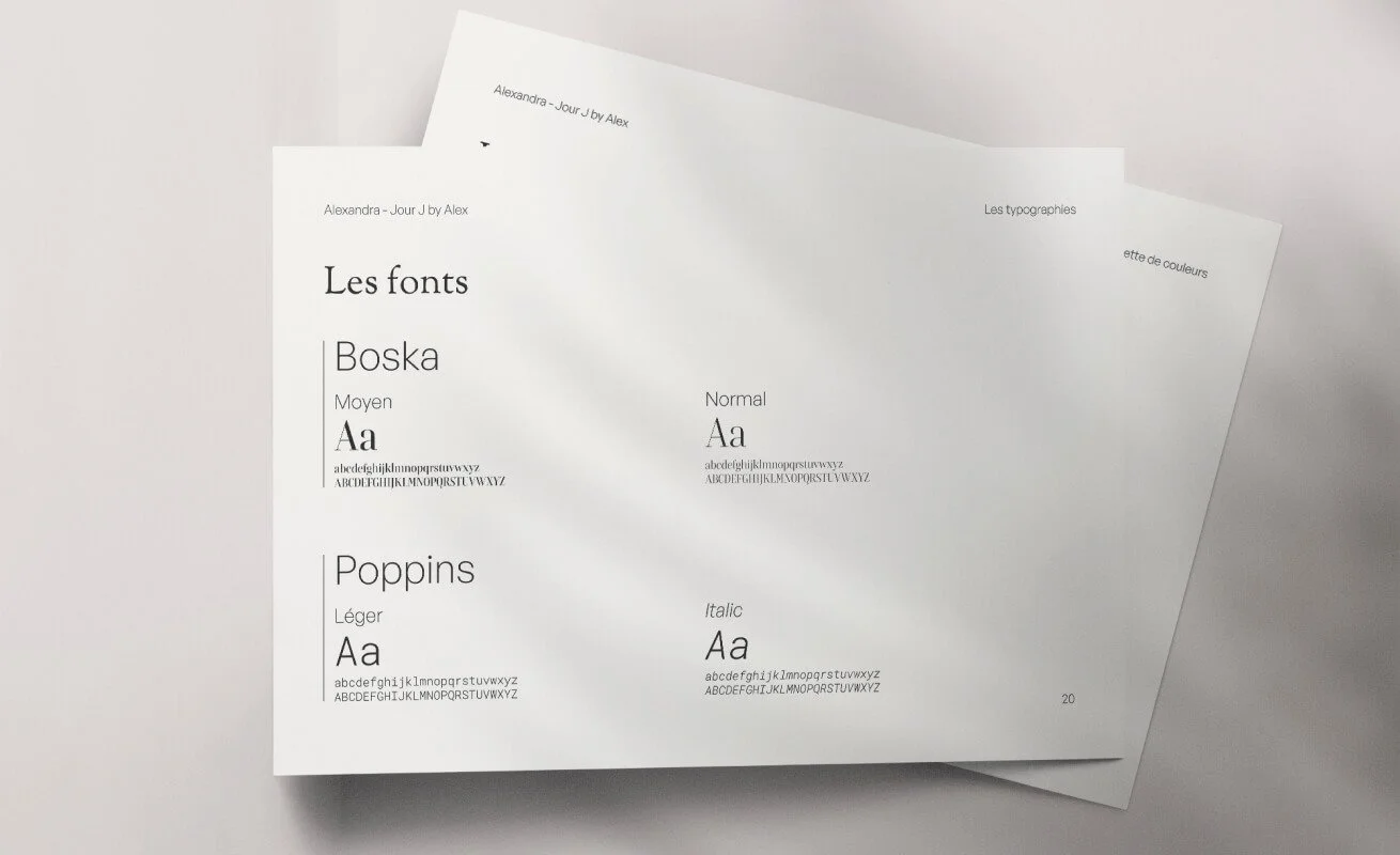 Pages d'un guide typographique montrant différentes polices de caractères, notamment Boska, Poppins en styles moyen, normal, léger et italique, avec exemples de lettres et alphabets.
