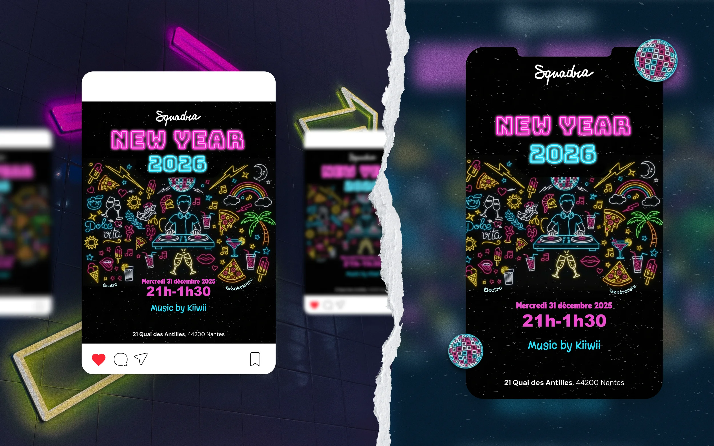 Affiche numérique pour une fête du Nouvel An 2026, avec des illustrations néon de musique, cocktails, lunettes, pizzas, et éléments festifs. Date et heure : Mercredi 31 décembre 2025, 21h-1h30, lieu : 21 Quai des Antilles, Nantes.