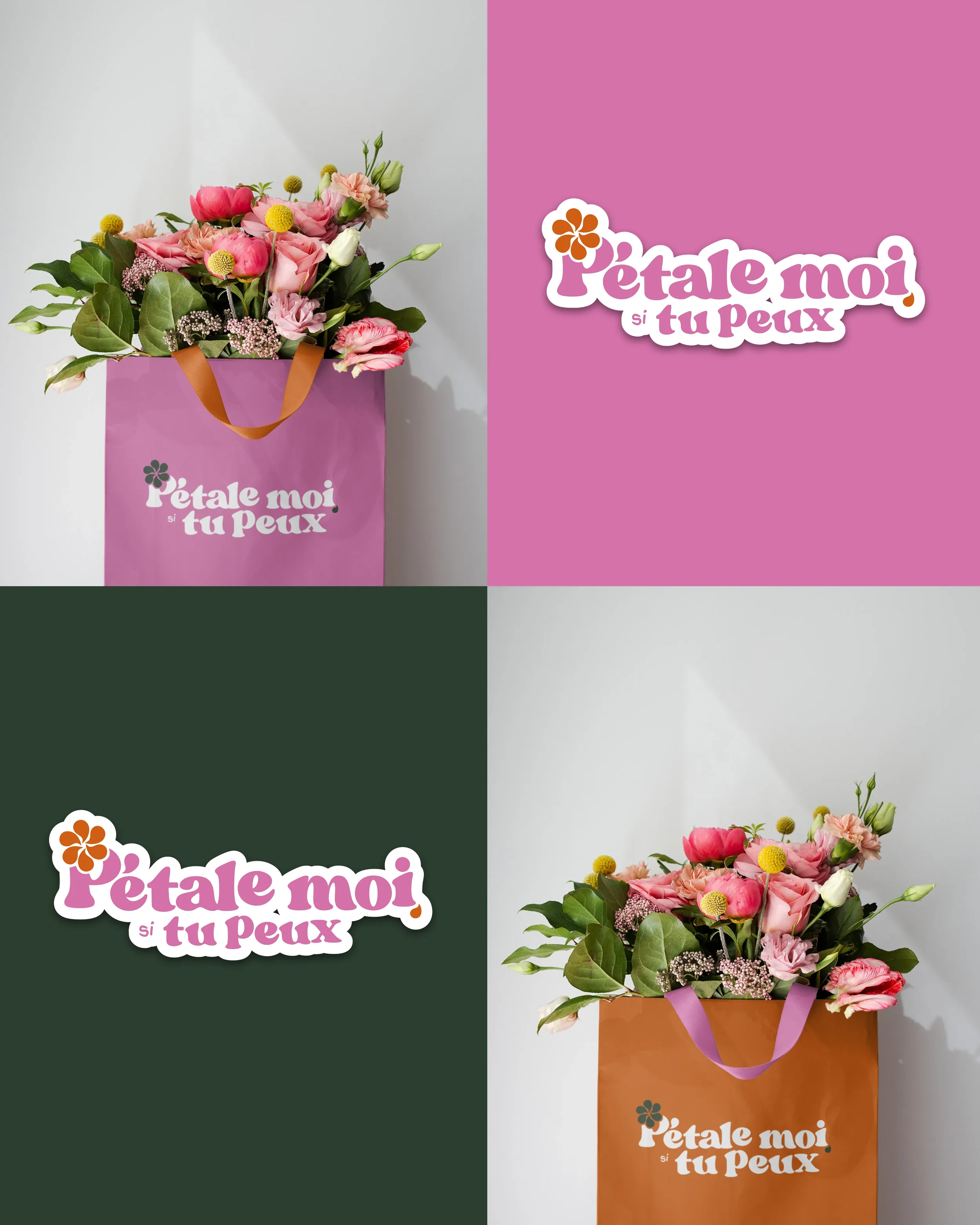 Une composition florale de fleurs roses, blanches et jaunes dans un sac en papier rose avec la phrase "Pétale moi si tu peux" écrite dessus. Quatre images côte à côte, avec deux images montrant la composition florale et deux images affichant le texte