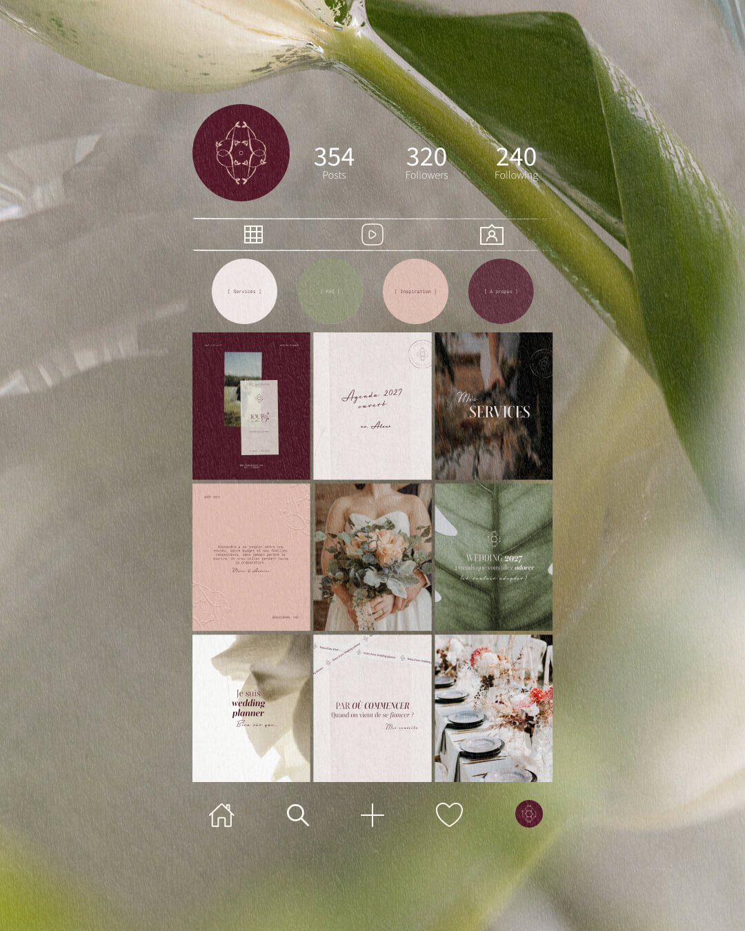Capture d'écran d'un profil Instagram avec une bannière de fond à motif de feuilles vertes, affichant des publications liées à des services de mariage et d'événements.