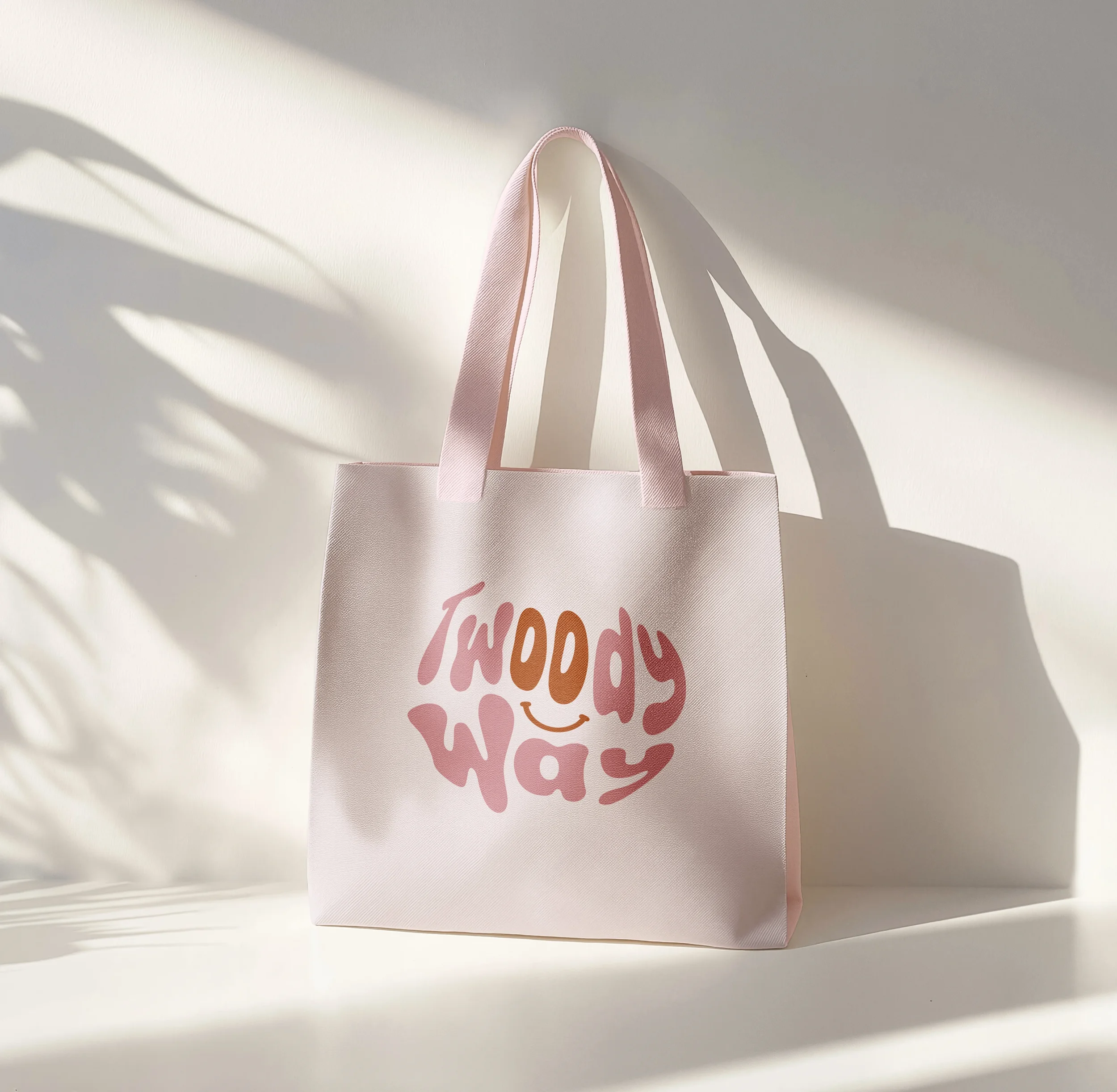 Sac en toile rose clair avec le texte "I w o o d y way" écrit en lettres colorées et un sourire en dessous, placé contre un mur blanc avec des ombres naturelles.