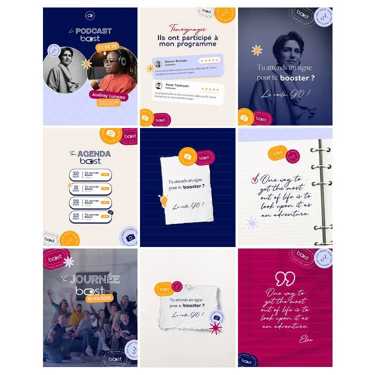 Compilation d'images de style graphique avec portraits, citations, agenda et éléments de design colorés pour un programme de formation ou podcast nommé "boost".