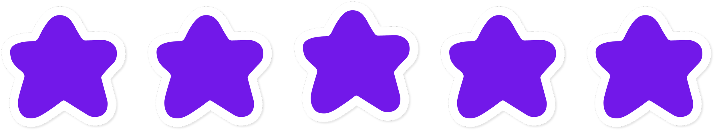 Six étoiles violettes avec un contour blanc alignées horizontalement.