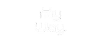 Logo blanc avec le texte 'my way' sur fond noir