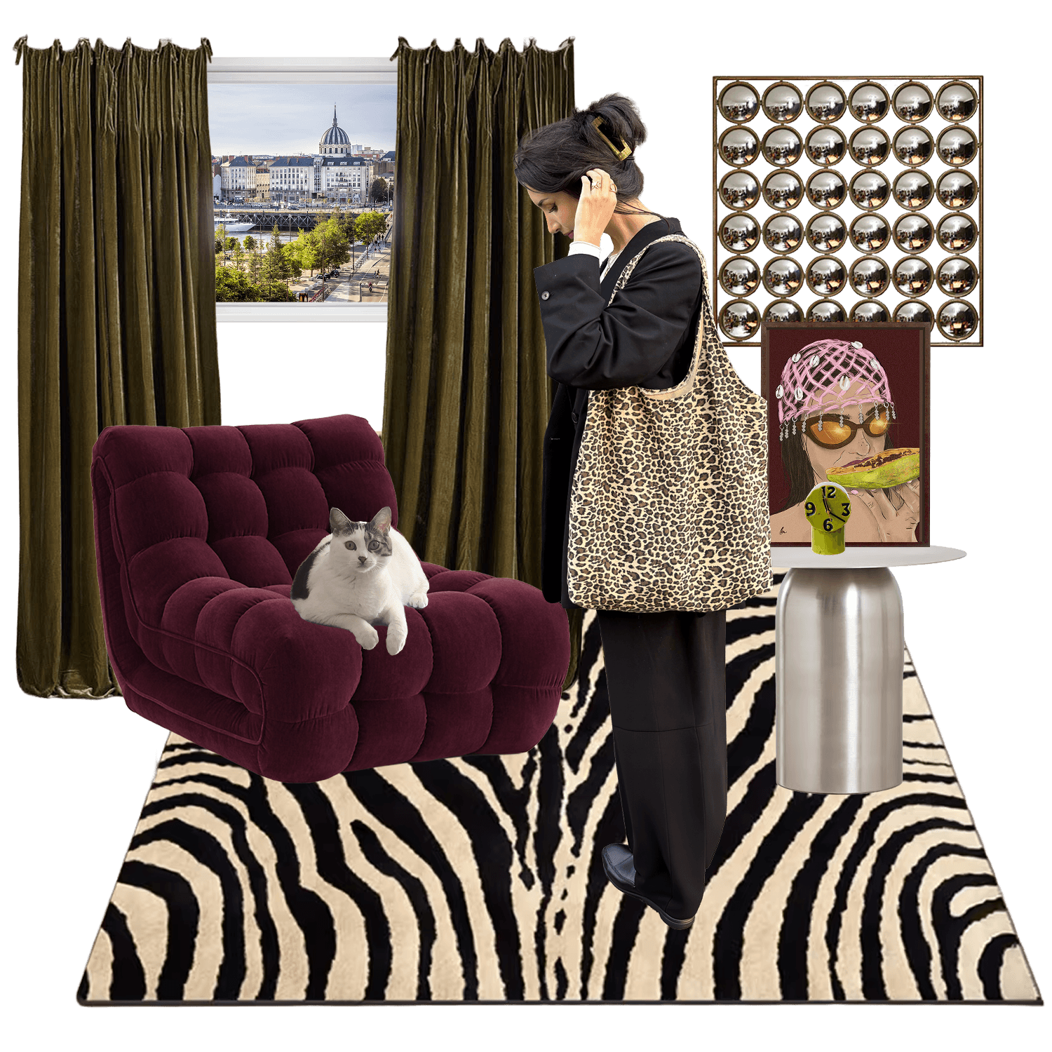 Une femme avec un sac à dos léopard dans un salon avec un fauteuil en velours bordeaux, un chat blanc et noir sur le fauteuil, un tapis zébré noir et blanc, des rideaux verts, une fenêtre avec vue sur une ville, une peinture, une horloge verte, et un mur de miroirs.