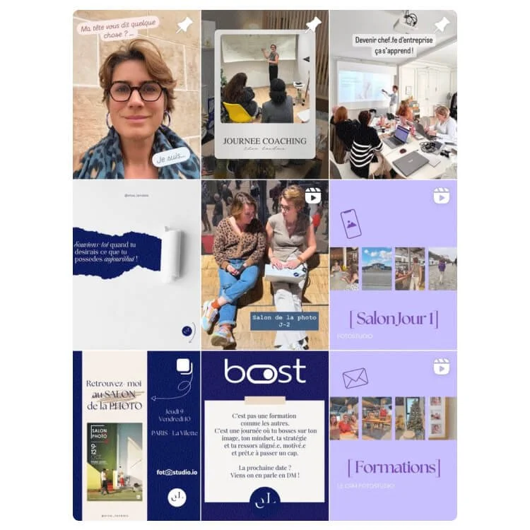 Collage d'images montrant diverses activités de coaching, formations, rencontres sociales et événements liés à la photographie et à l'entreprise, avec des textes en français sur les thèmes de coaching, formations et rencontres.