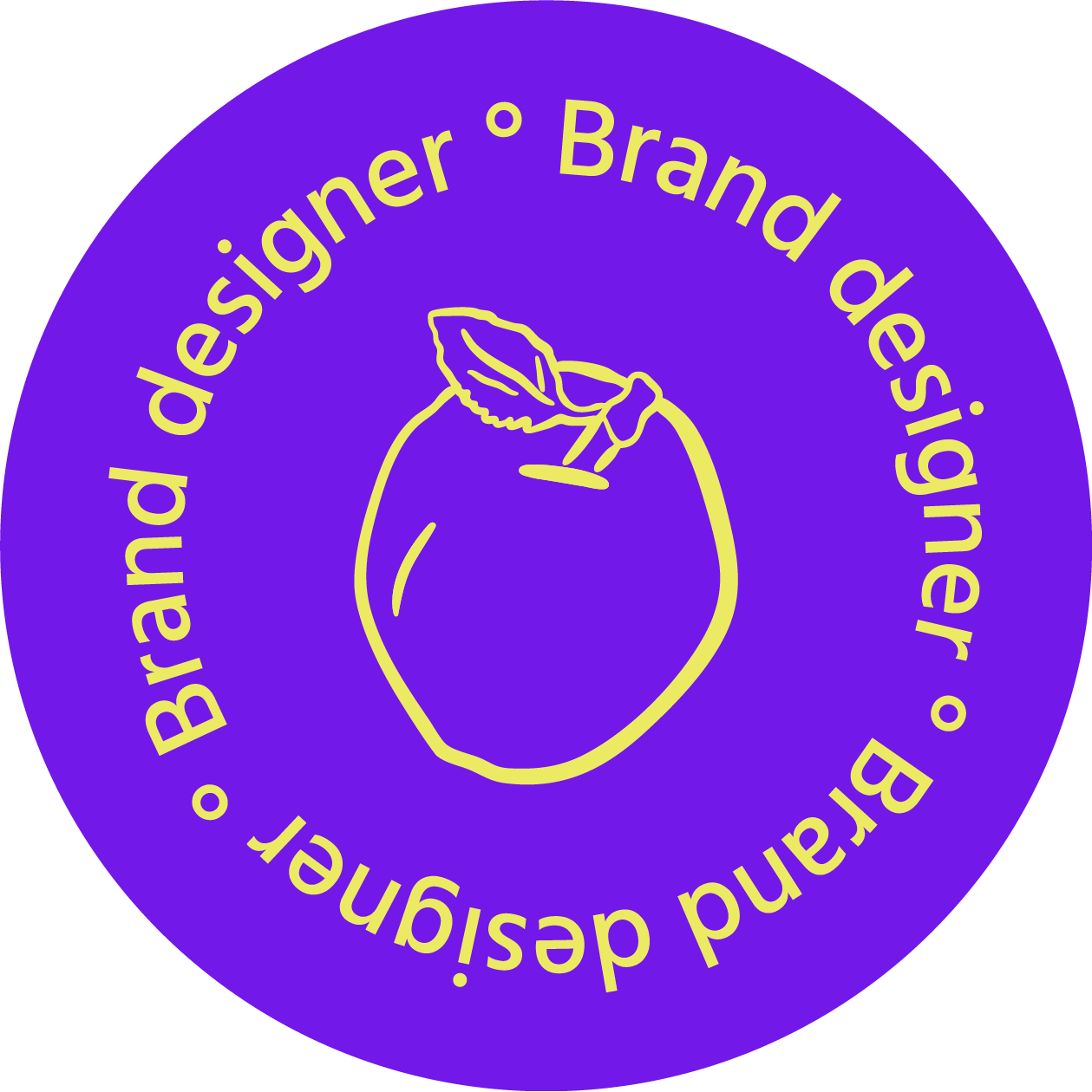 Badge violet avec une illustration simplifiée d'une pomme avec une feuille, et le texte en français : "Bureau d'Advisor · Brand designer à signer".