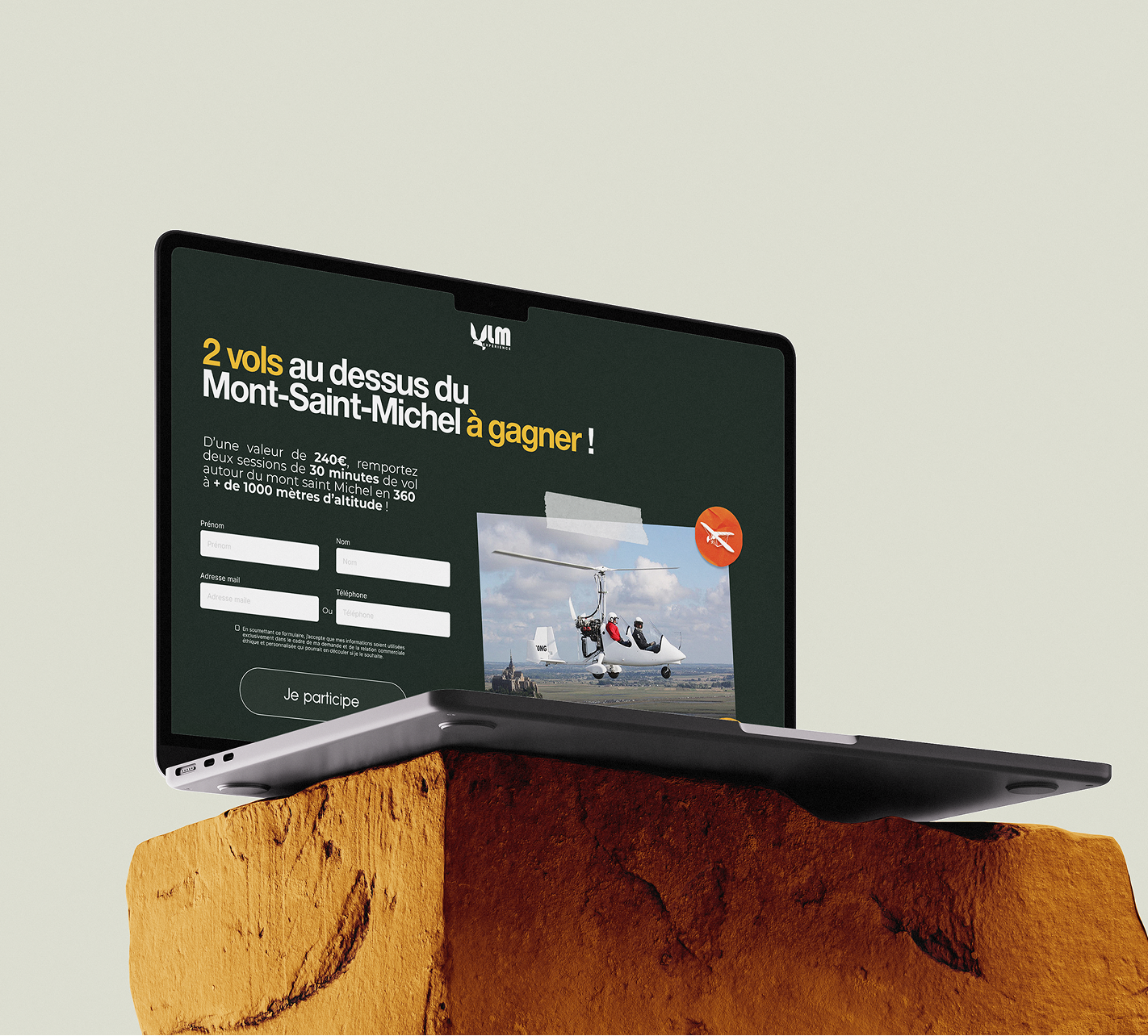 Capture d'écran d'une promotion pour un vol au-dessus du Mont-Saint-Michel, avec un formulaire d'inscription et une image d'un hélicoptère dans le ciel.