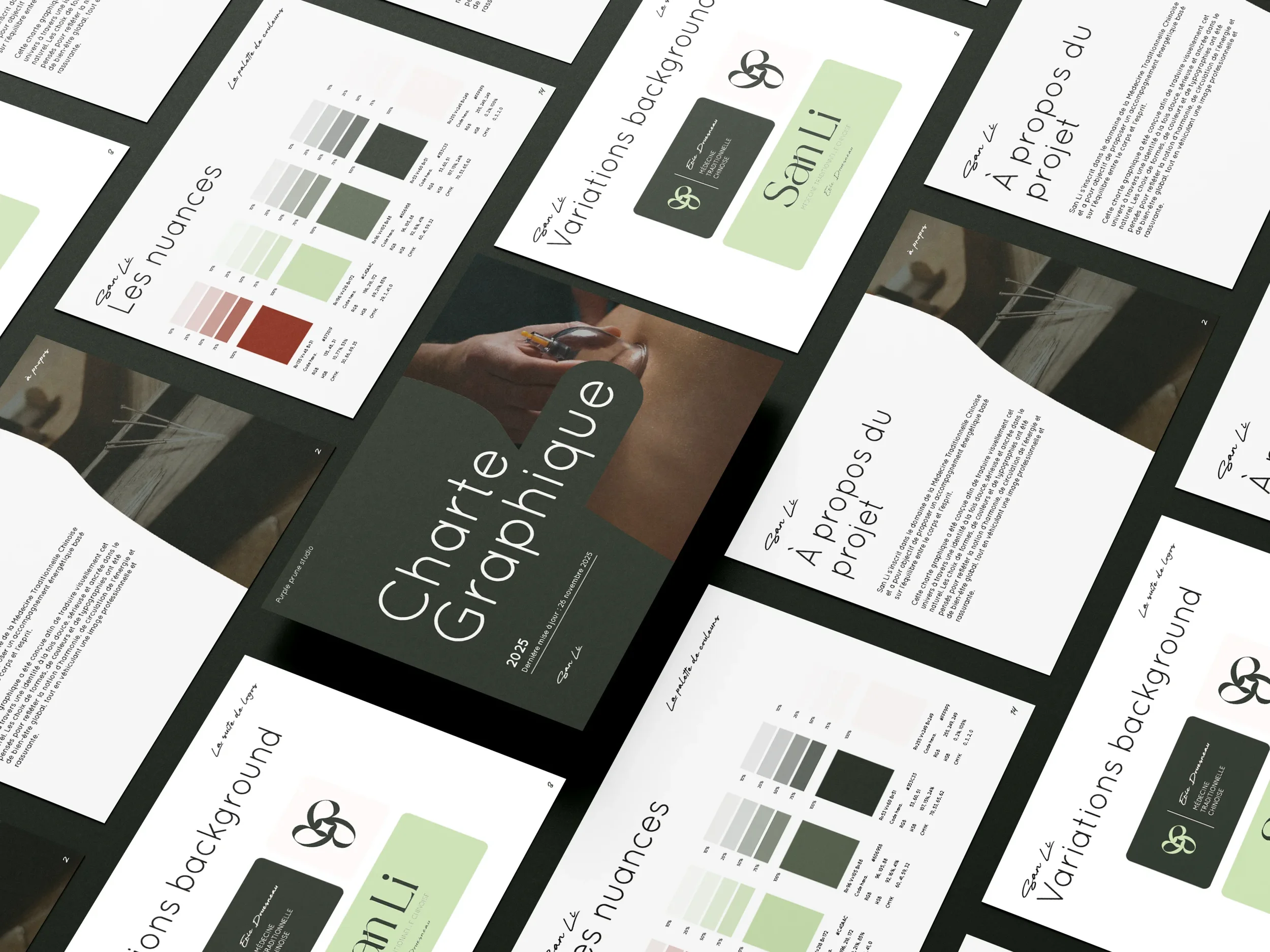 Collection de pages présentent des graphiques, des titres, et du texte liés à un projet de charte graphique en 2025, avec des éléments de couleur, des éléments de design, et une identité visuelle.