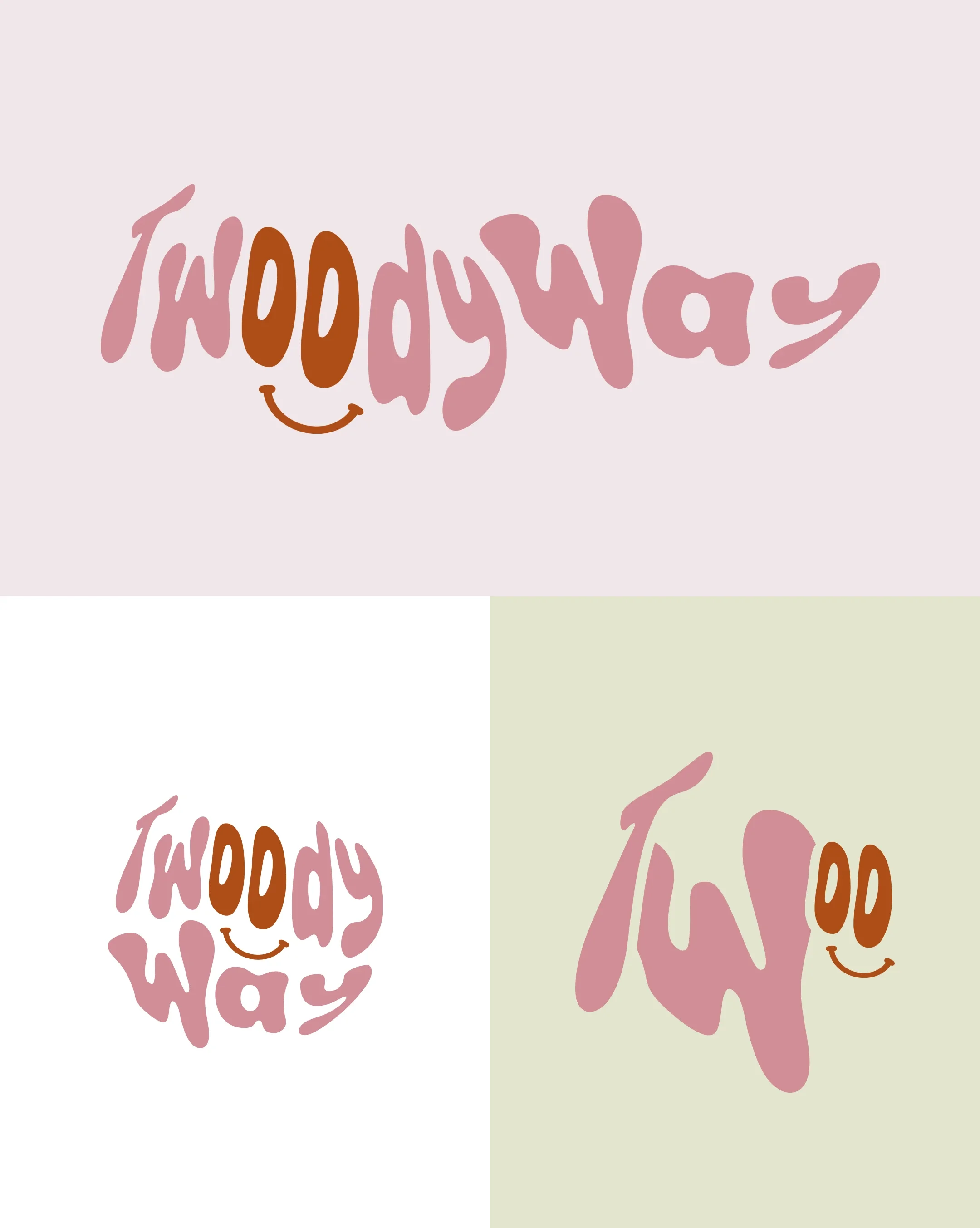 Design graphique avec le texte "Toody Way" écrit de manière créative, avec un sourire stylisé intégrée dans le texte, en différentes couleurs de fond (gris clair, blanc, vert pâle).