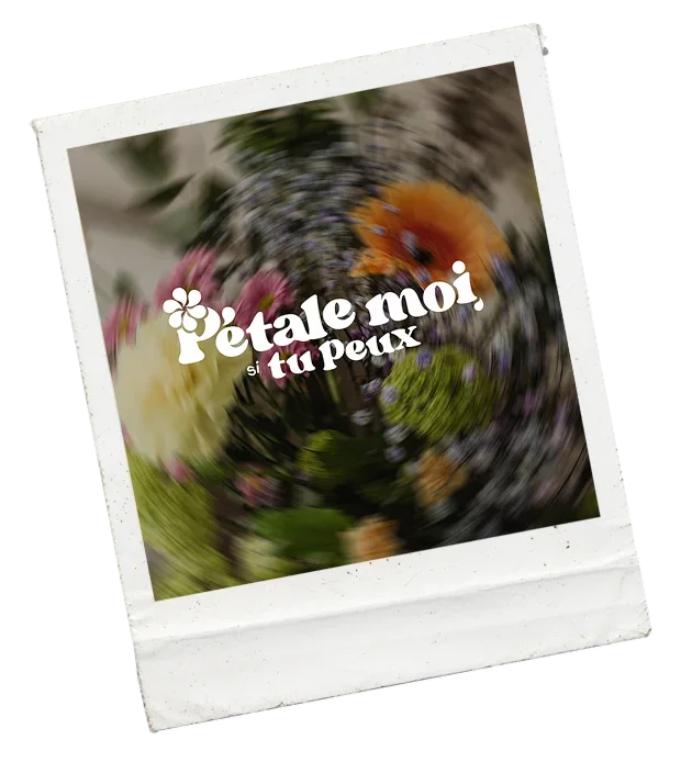 Une image floue de fleurs colorées avec le texte en français "Pétale moi, si tu peux".