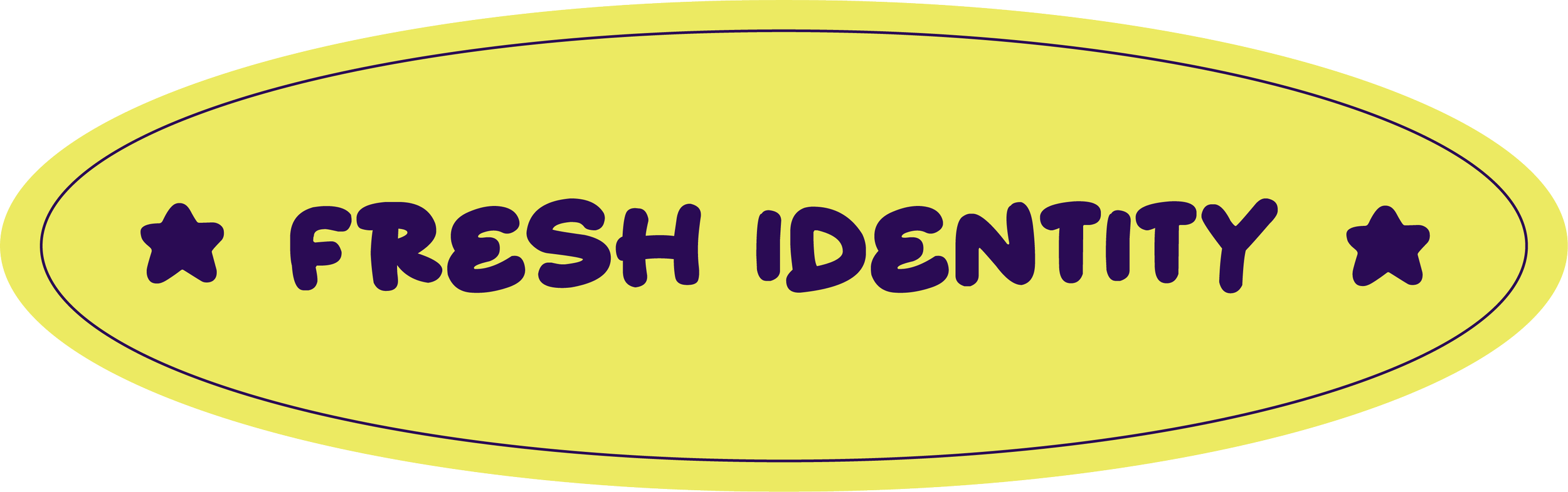 Un logo o un panneau avec le texte "FRESH IDENTITY" en lettres violettes, entouré de deux étoiles violettes, sur un fond ovale jaune pâle.