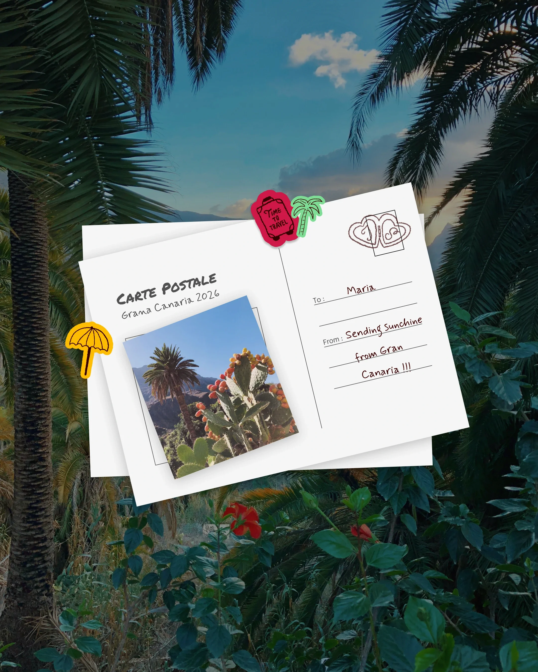 Une carte postale illustrée envoyée par un voyageur à Maria depuis Gran Canaria en 2026, montrant une photo de plantes succulentes et de palmiers dans un paysage tropical, avec des décorations de voyage comme un parapluie, un chapeau et des garniture