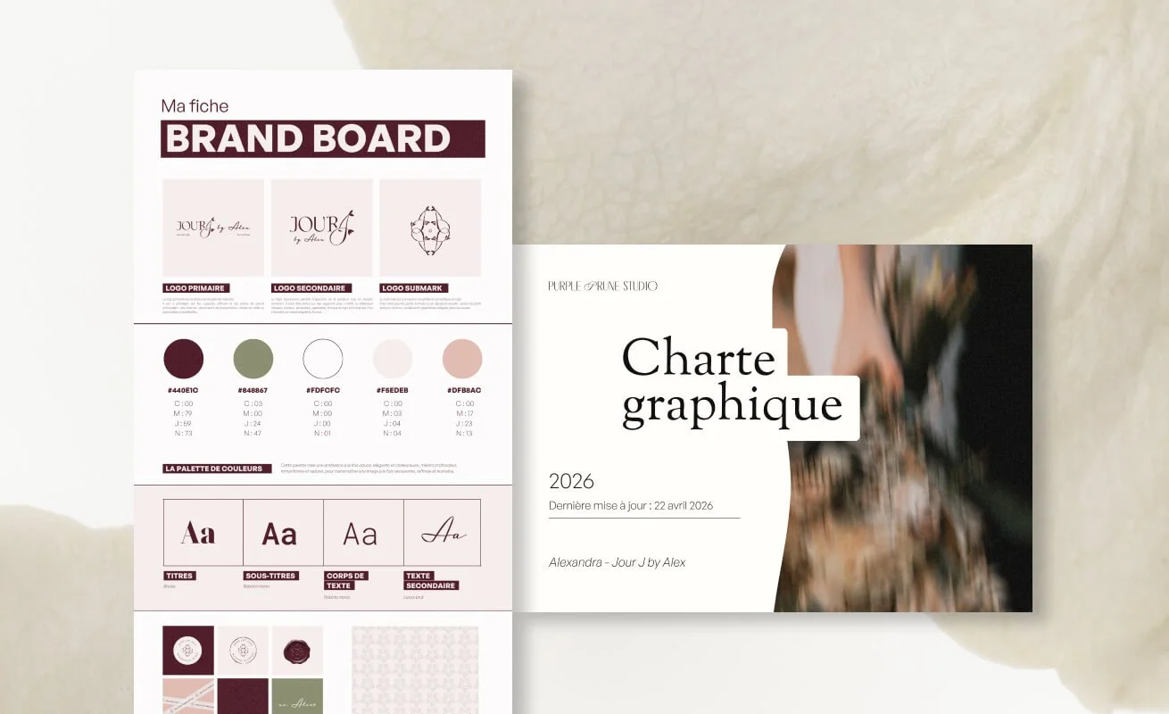Page de présentation d'une charte graphique avec des logos, une palette de couleurs, des typographies et une image floue, ainsi qu'une fiche de marque intitulée 'Charte graphique', dernière mise à jour le 22 avril 2026.