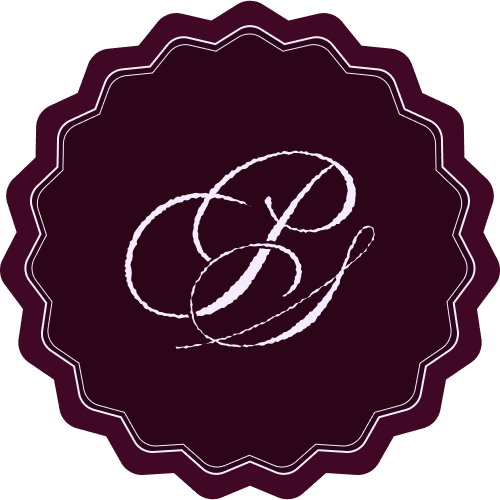 Logo avec initiales élégantes 'P' et 'C' en blanc sur fond violet foncé, entouré d'un contour scallop.