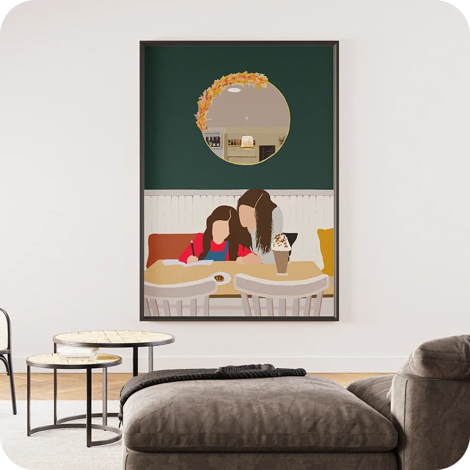 Une peinture d'un intérieur de café ou restaurant, représentant une femme et une enfant assises à une table, avec un grand milkshake ou dessert devant elles, dans une pièce décorée avec un miroir rond et des couleurs chaudes.