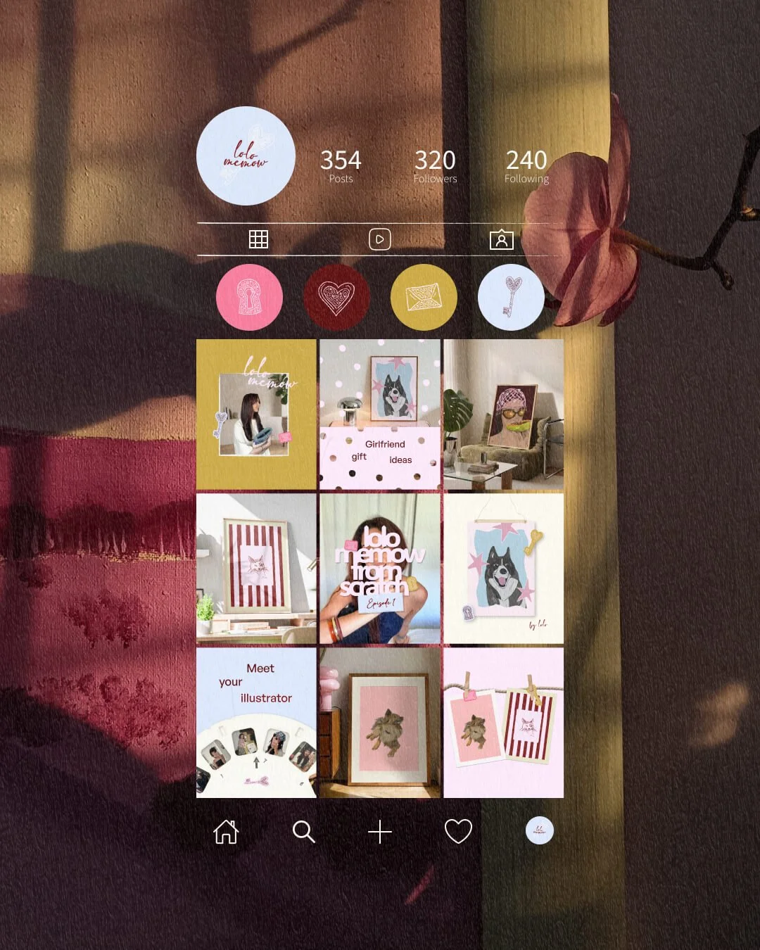 Capture d'écran d'un profil Instagram nommé 'lolo memow. La page présente plusieurs images montrant des œuvres d'art, des illustrations et des objets décoratifs, principalement centrés sur des thèmes de chiens et de chats