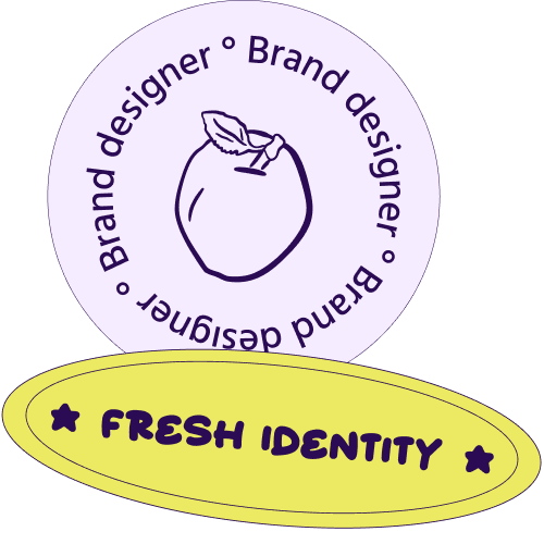 Logo avec une prune stylisée entourée du texte "Brand designer" en cercle, et une bannière jaune avec "FRESH IDENTITY" en lettres violettes, éléments iconographiques de Purple Prune.
