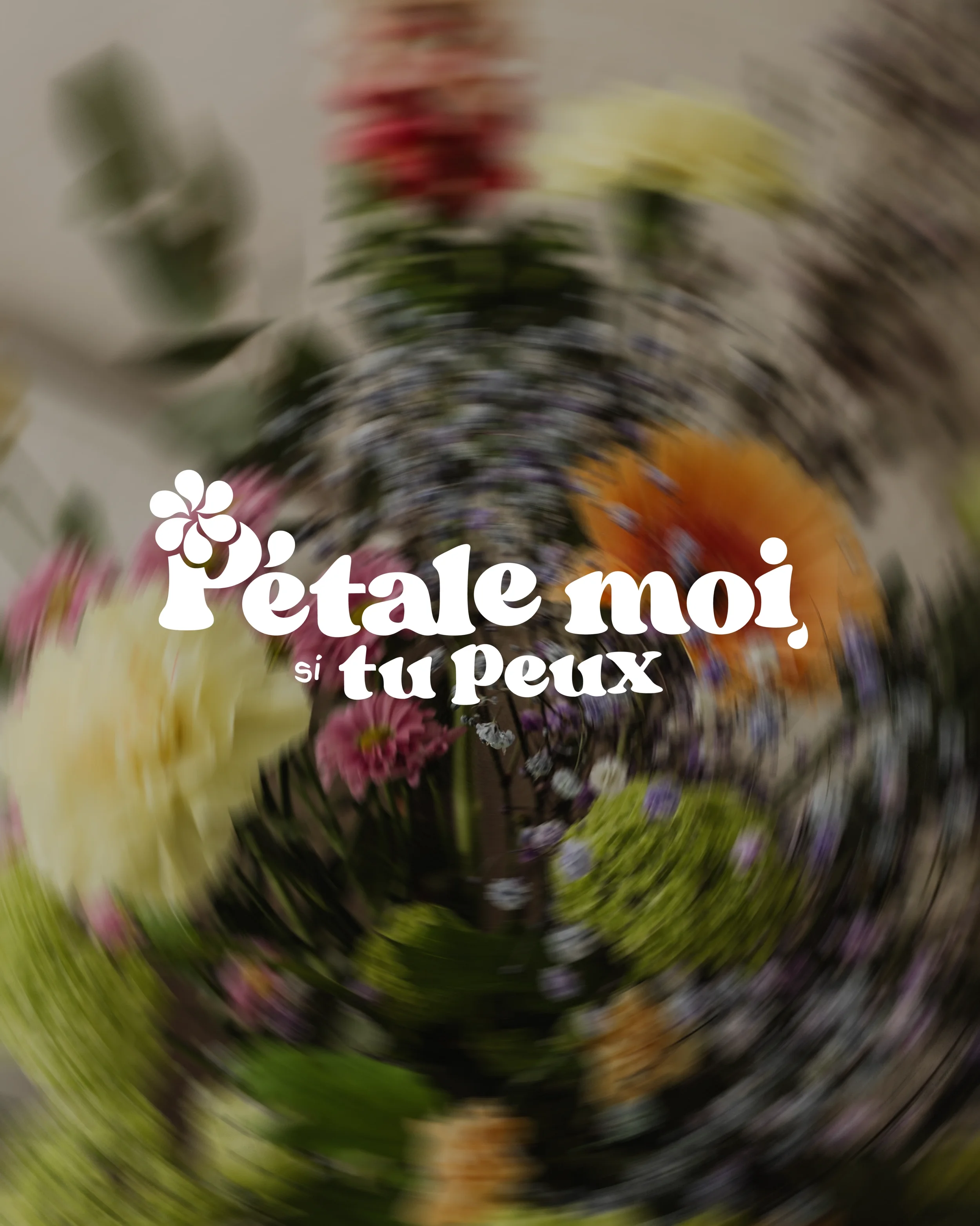 Un bouquet de fleurs colorées floues avec texte en français "Pétale moi, si tu peux"