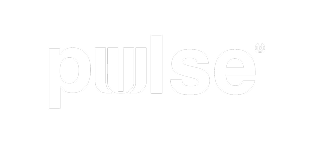 Logo blanc 'pulse' sur fond noir.