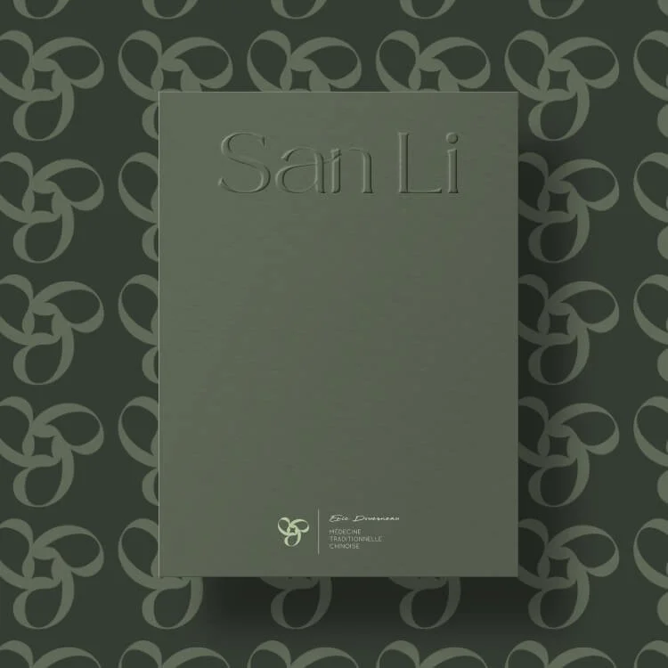 Couverture de livre vert foncé avec le titre 'San Li' en relief, motif répétitif en arrière-plan, logo et texte en bas.