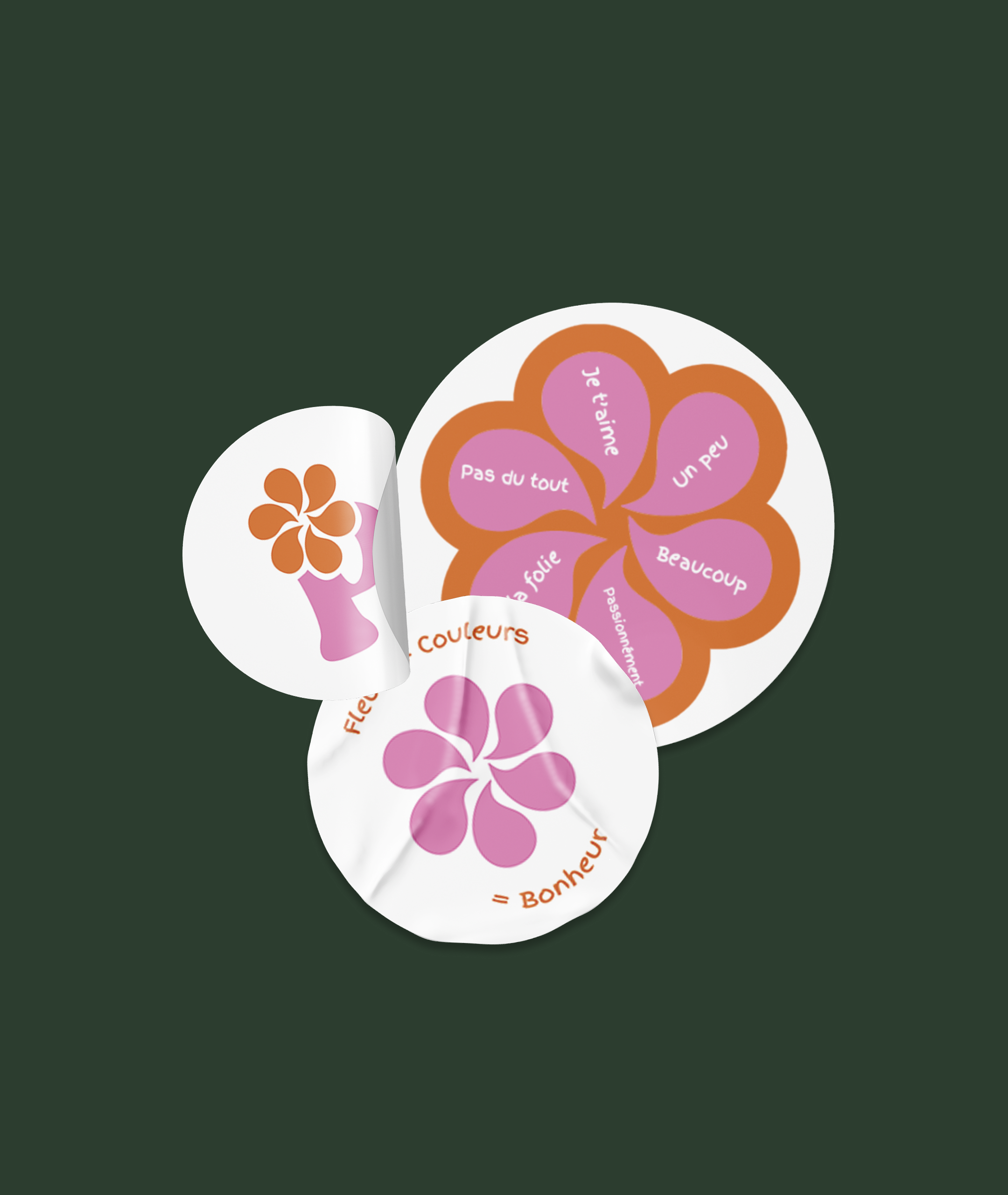 Une fiche pédagogique en forme de fleur avec des couleurs violettes et roses, contenant des mots et phrases en français associés à la couleur et à l'humeur, telles que « Je t'aime » et « Beaucoup ».