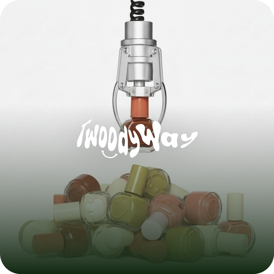 Une machine d'un style arcade ou distributeur de vernis à ongles. Des bouteilles de vernis à ongles colorés sont empilées en bas, avec une pince prête à attraper une bouteille.