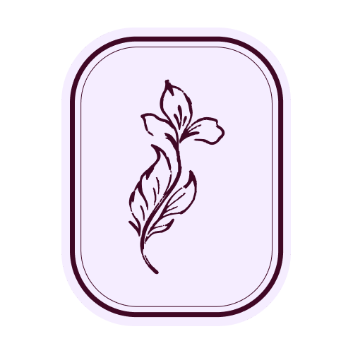 Logo avec une illustration d'une fleur stylisée en ligne, encadrée par un rectangle arrondi, en couleurs violet et crème.