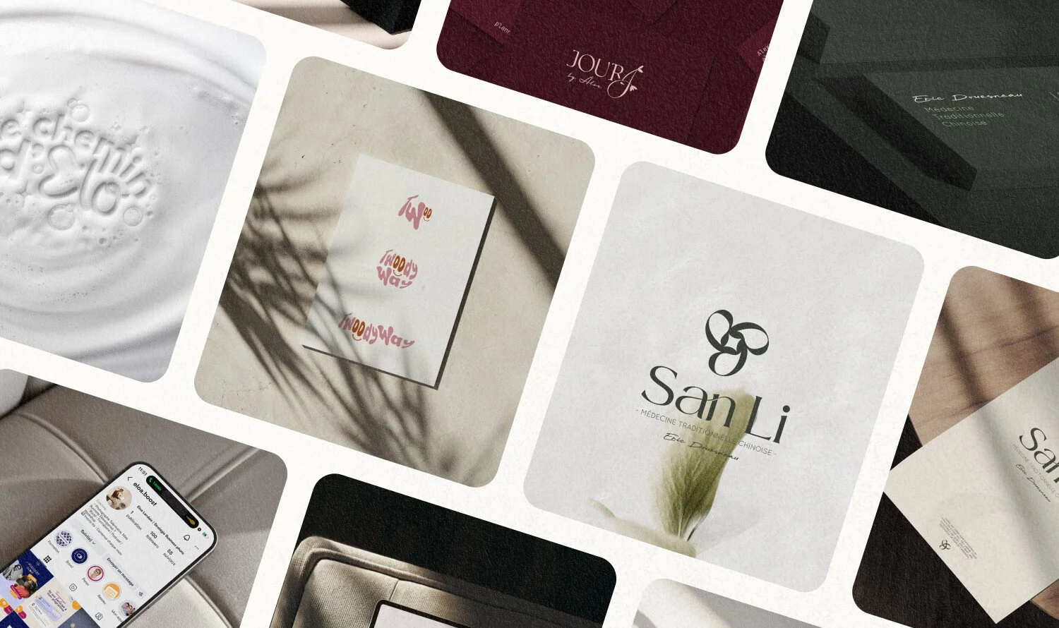Collage de plusieurs images de logos, cartes, et produits liés à la médecine traditionnelle chinoise, notamment un logo "San Li" avec un symbole, une carte avec le texte 'Twody Way', un smartphone avec un profil de réseau social, et des emballages ou brochures.