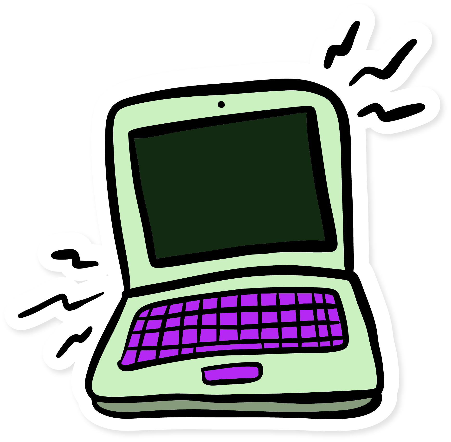 Illustration d'un ordinateur portable émettant de la chaleur ou de la fumée, sur fond noir.