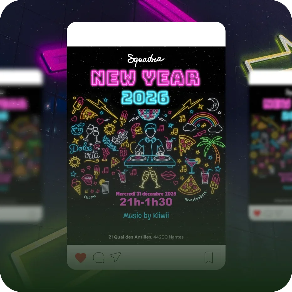 Affiche de fête pour la nouvelle année 2026, organisée par la Squadra, avec DJ, nourriture, vin, musique, et décorations colorées le mercredi 31 décembre 2025 de 21h à 1h30, à Nantes.