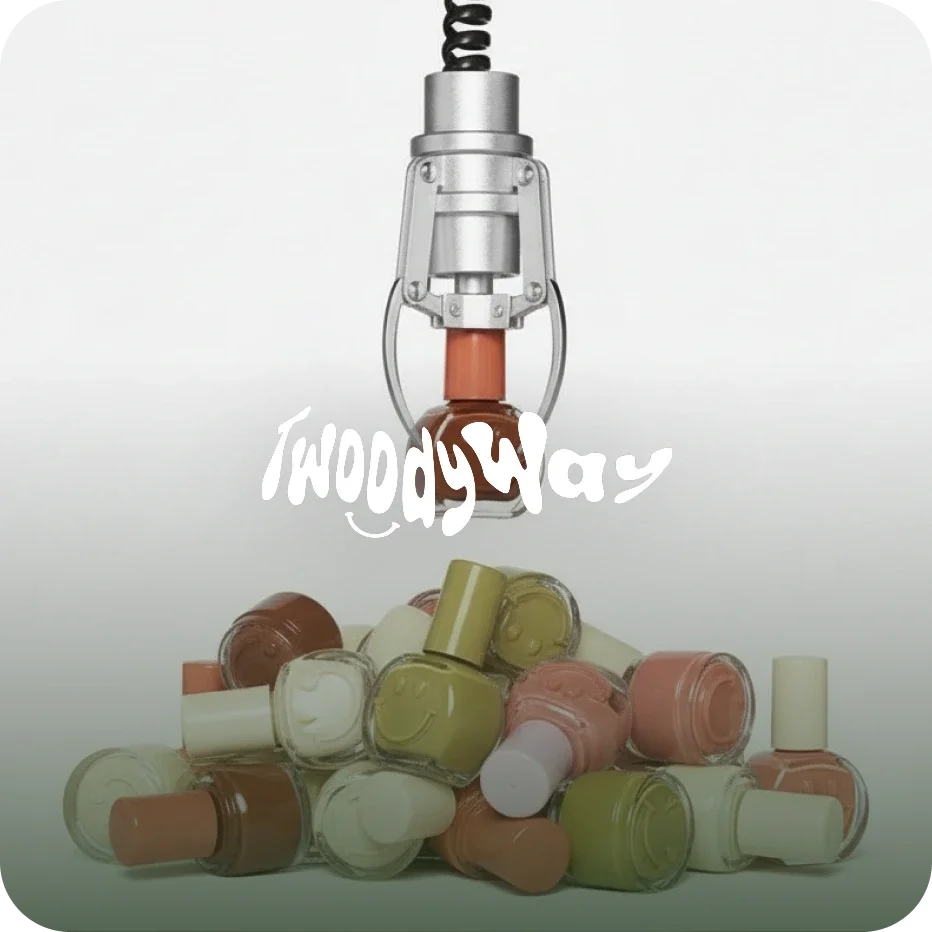 Une main mécanique semblable à une pince, suspendant plusieurs petits flacons de vernis à ongles de différentes couleurs ; en arrière-plan, une pyramide de flacons de vernis à ongles ; texte en blanc "Nail Polish"