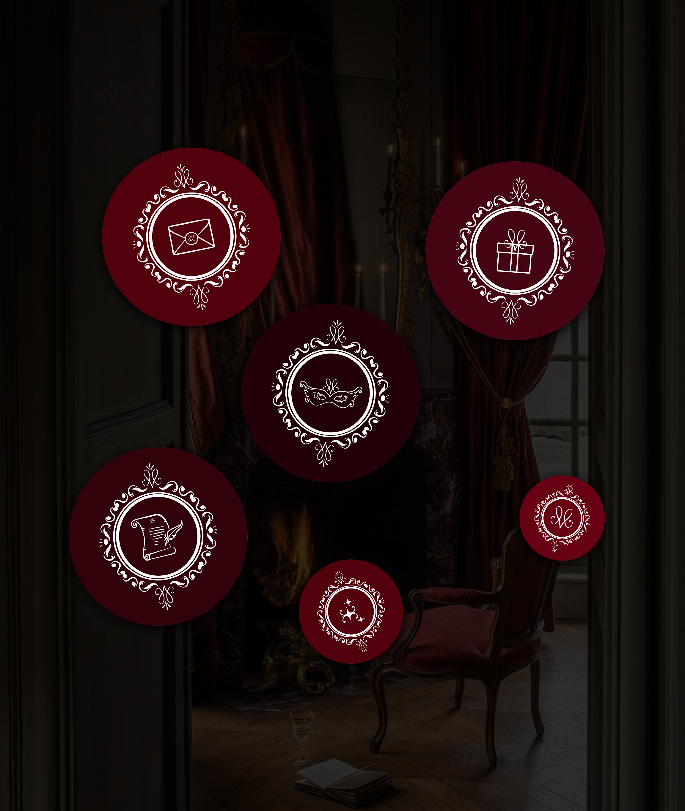 Icônes décoratives avec symboles tels qu'une enveloppe, un cadeau, une plume, un livre, une fleur, et une initiale, sur un fond sombre avec une ambiance élégante et classique.