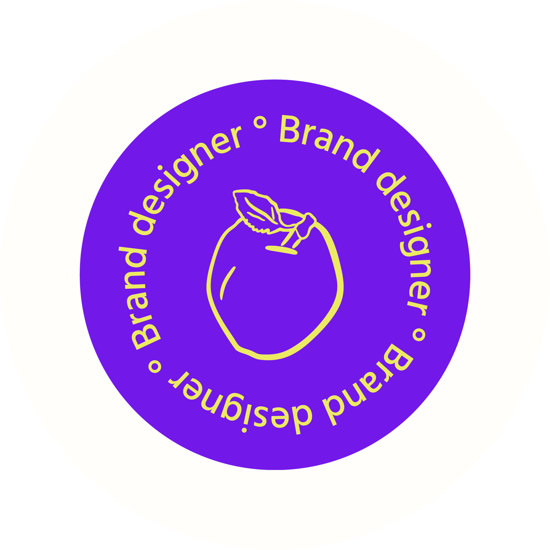 Logo rond avec un arrière-plan violet, illustration d'un citron en ligne jaune au centre, entouré du texte en jaune 'Brand designer' répété en cercle.