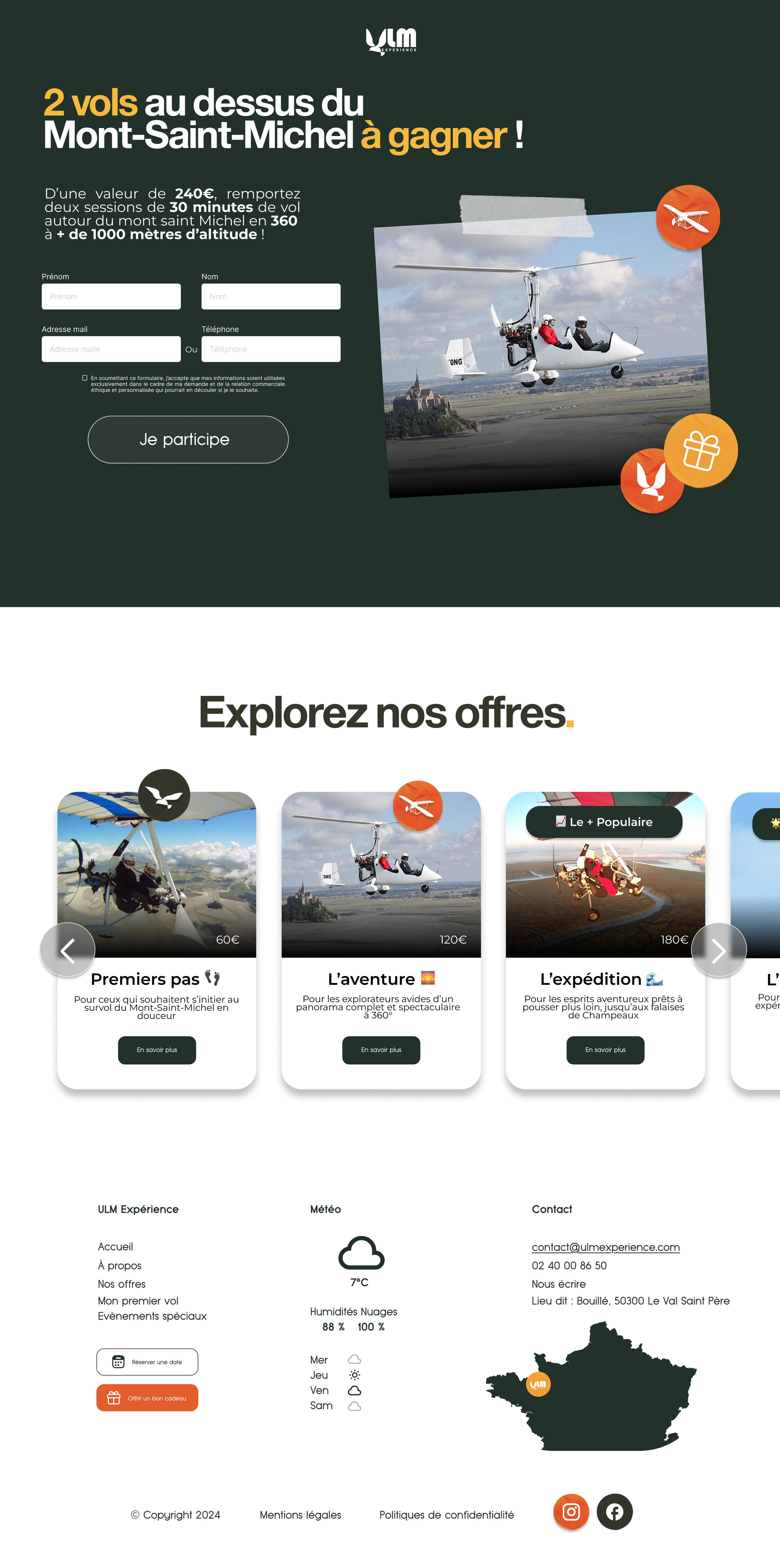 Page promotionnelle pour des vols en Mont-Saint-Michel avec un hélicoptère et une aile volante. La page inclut un formulaire d'inscription, une section explorant différentes offres de vols, et des informations de contact, météo et localisation en France.