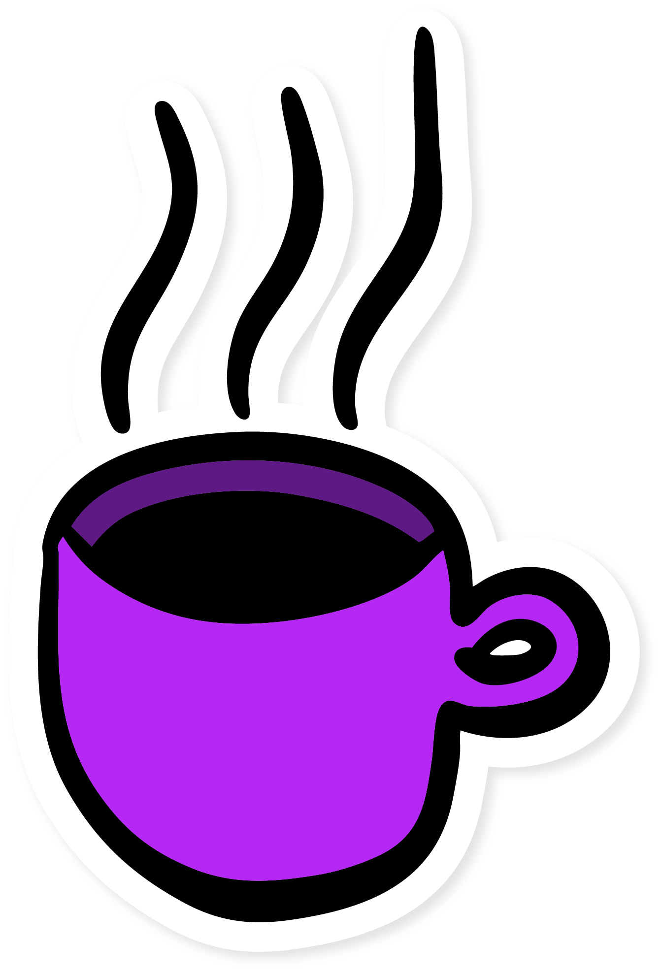 Icône de tasse de café violette avec vapeur blanche qui s'élève, fond noir.