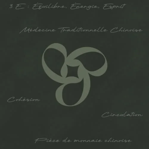 Diagramme avec un symbole central entouré de textes en français sur la médecine traditionnelle chinoise, l'équilibre énergétique et la cohésion.