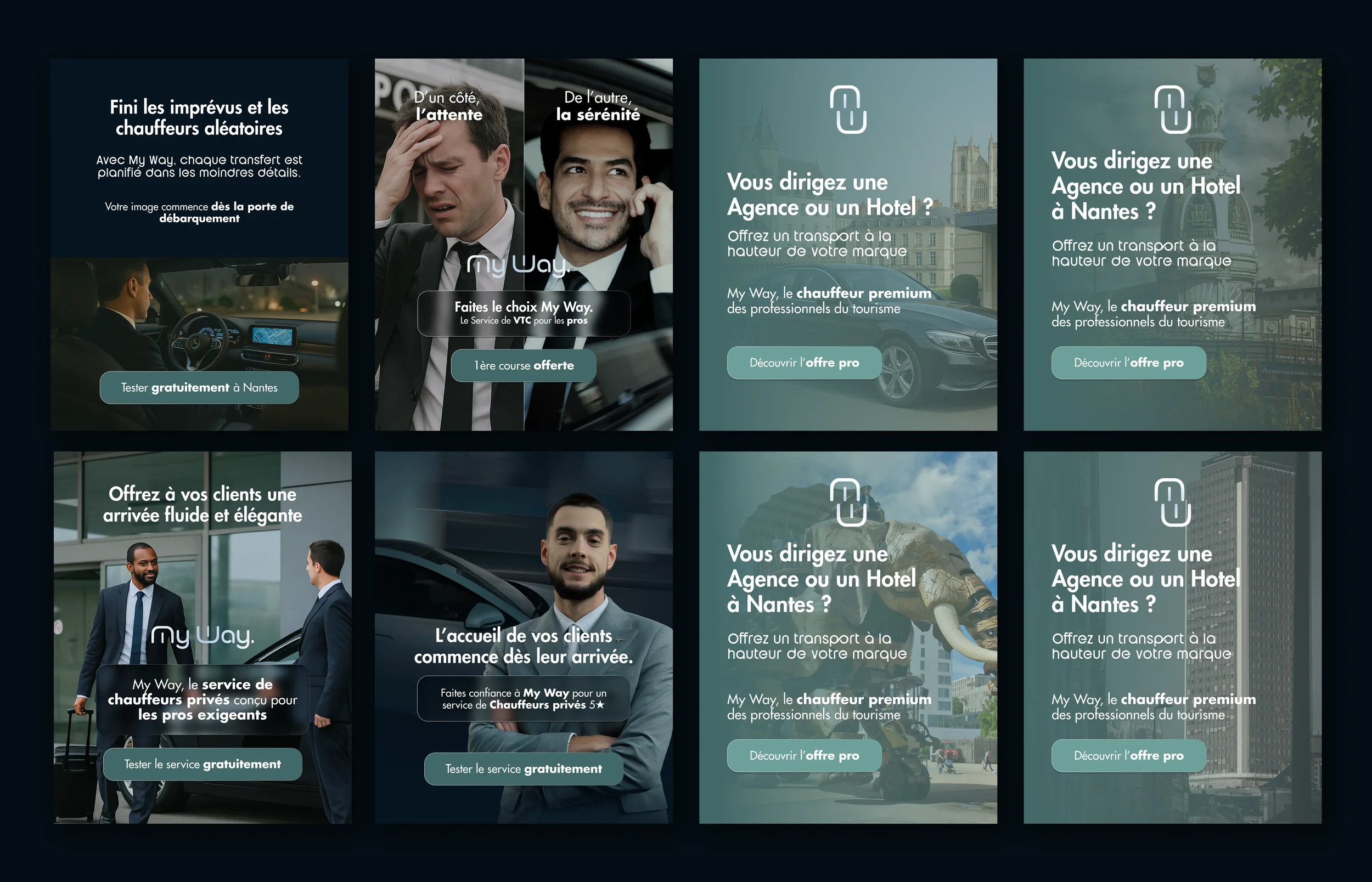Collection de publicités pour le service de transport My Way, mettant en avant des taxis et chauffeurs privés, avec des textes en français décrivant leurs offres pour les agences, hôtels, et clients, avec des boutons pour tester gratuitement ou décou