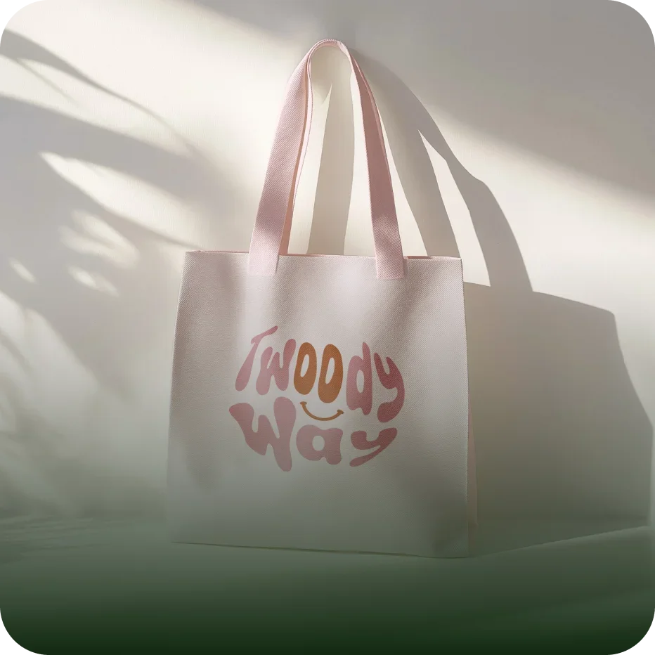 Un sac en toile blanche avec des anses roses et une inscription colorée "Two day way".