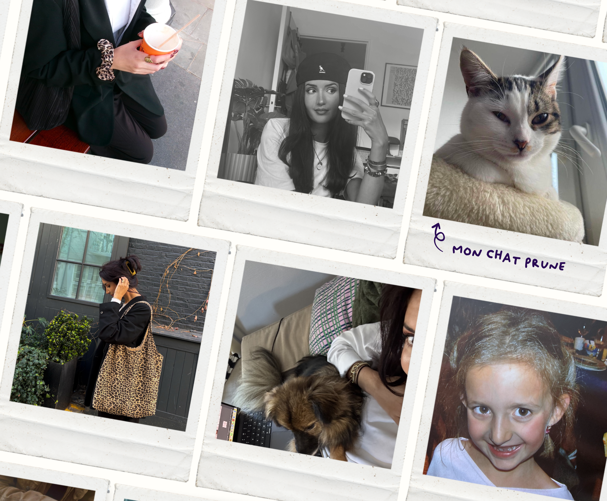 Une collection de photos Polaroid montrant diverses personnes, un chat, un chaton, notamment une femme avec un chapeau, une petite fille, et un chat qui fait partie de la collection.