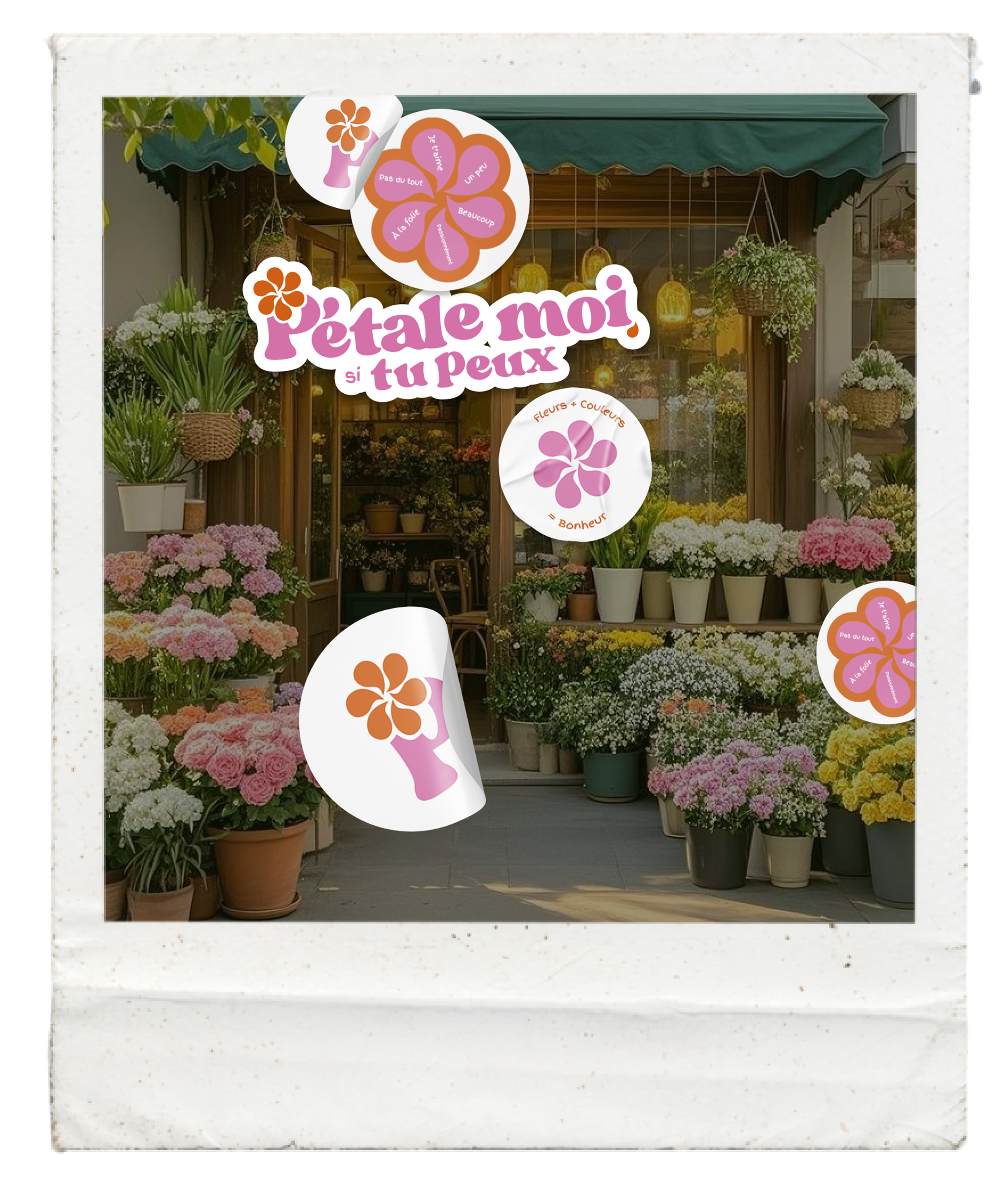 Une devanture de boutique de fleurs avec de nombreuses plantes en pot de différentes couleurs, dont du rose, blanc, jaune, et vert, exposées à l'extérieur. Il y a aussi des illustrations de fleurs stylisées, ainsi que du texte en français, dont "Pétale moi si tu peux" et divers mots et phrases en rapport avec les fleurs, le bonheur et la peur.