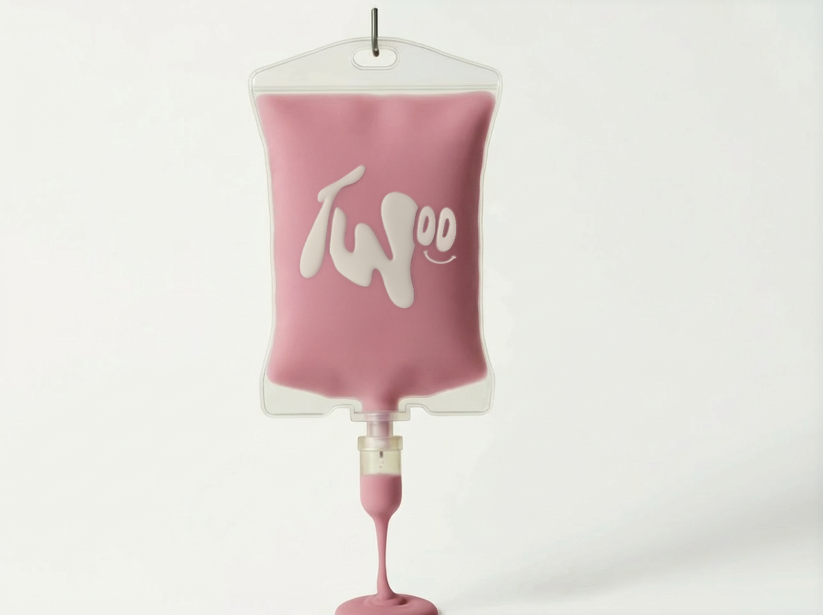 Une poche de perfusion remplie de liquide rose, avec un sourire et des yeux dessinés dessus, suspendue à un crochet blanc.