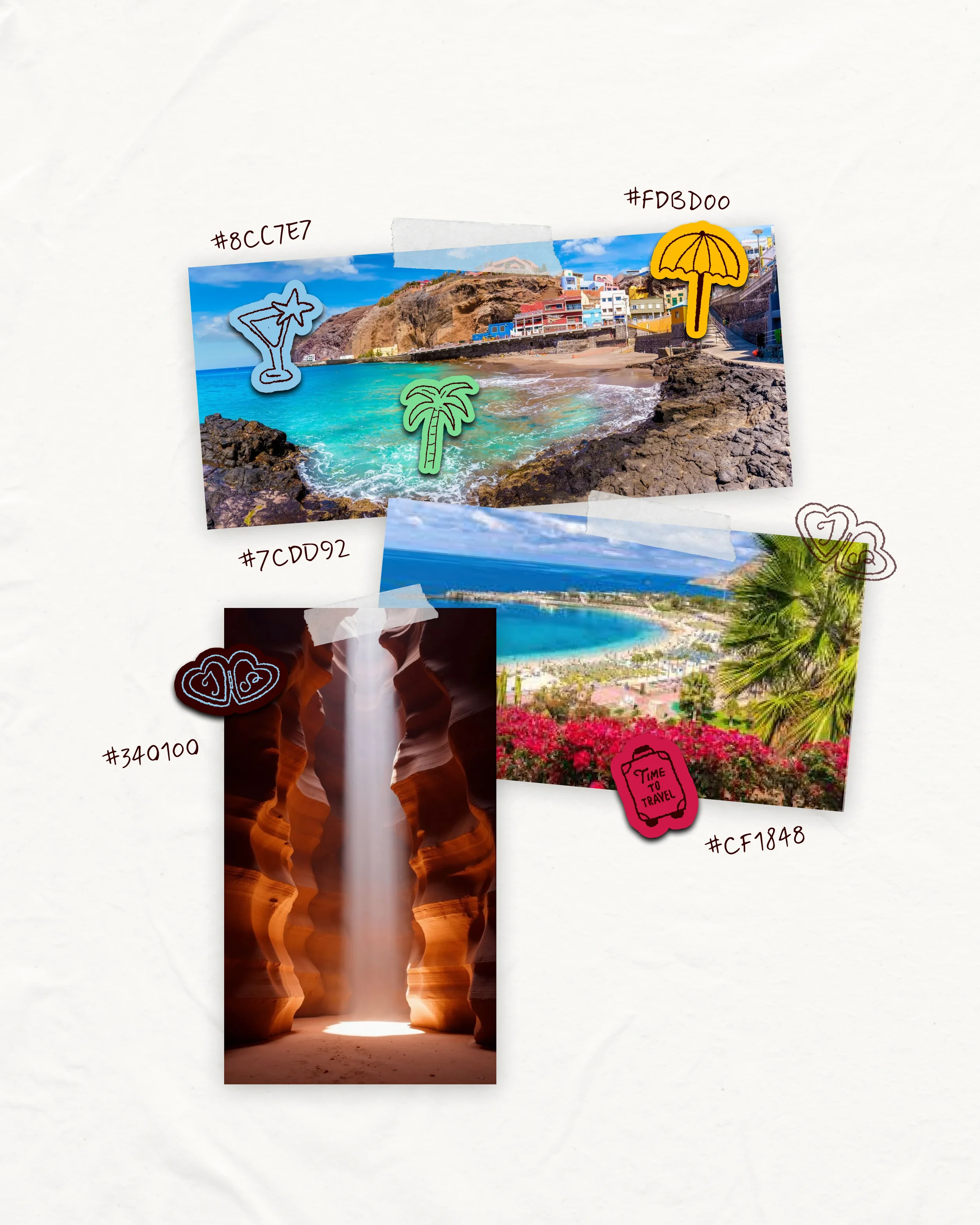 Collage de trois photos de destinations touristiques balnéaires avec des autocollants et des codes couleurs